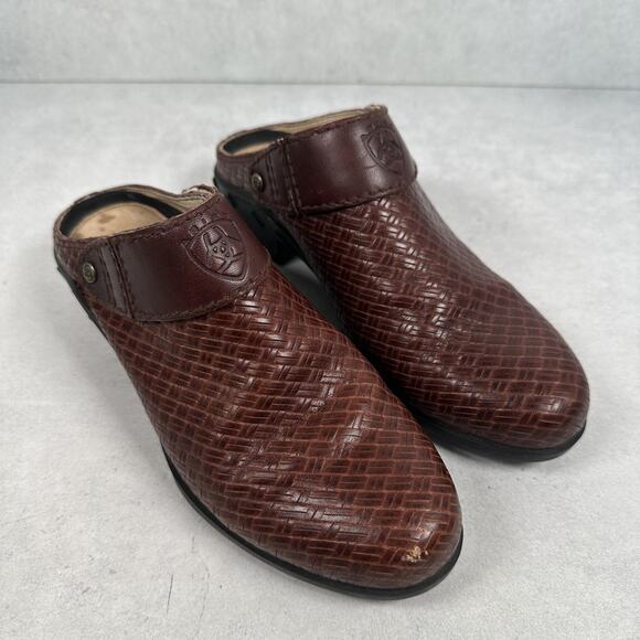 Ariat Shoes Womens Size 6.5 Brown Leather Clog Mule Basketweave ATS Western - Picture 1 of 11